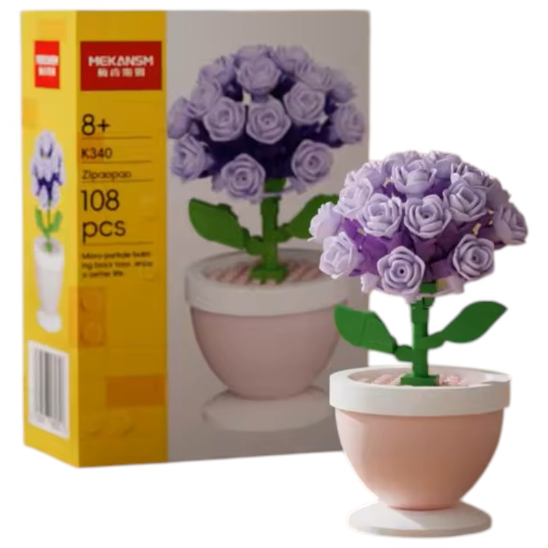 Set de Bloques Armables Decorativos  Flores Moradas en Maceta DIY